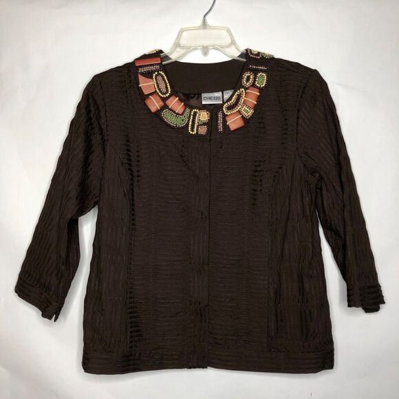Chico’s Wms Large Brown Pin Tuck Tribal Jacket Shacket Beaded Neckline Career - Picture 12 of 12